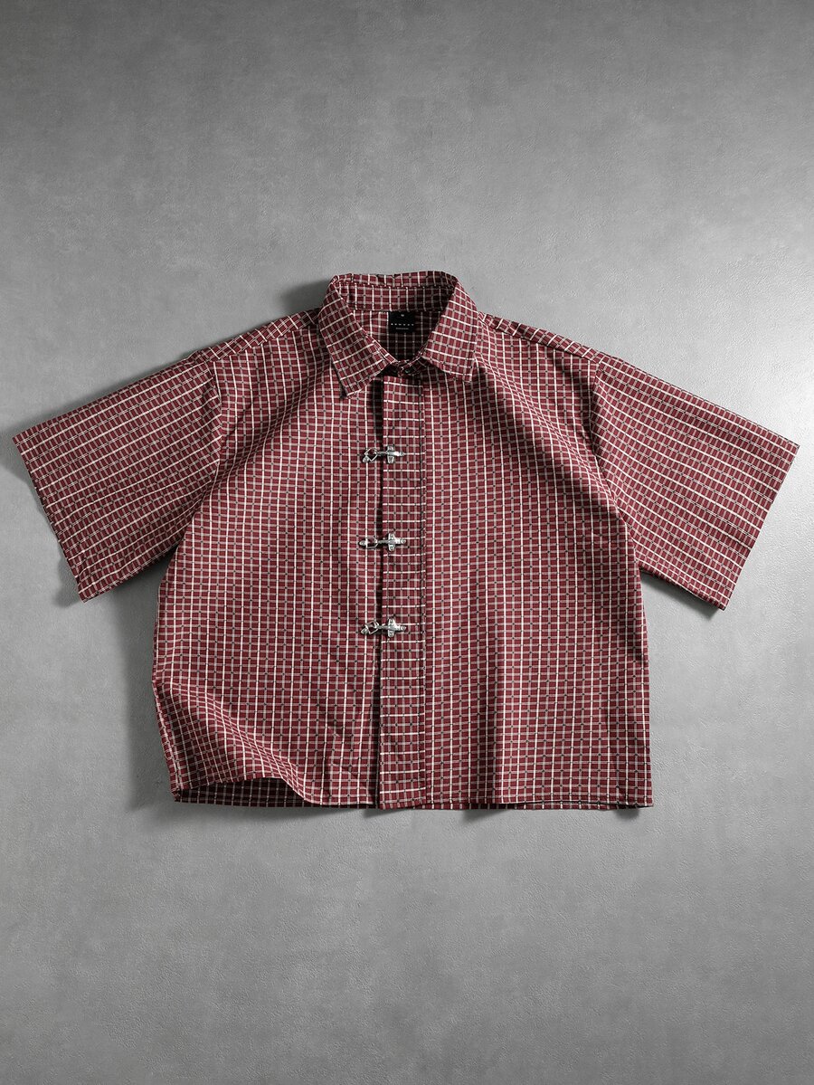 SUMWON Checked Boxy Short Sleeve Shirt With Metal Toggle Clasp Closures ...