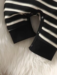 SHEIN 1件新生兒嬰兒羅紋針織連身衣，長袖圓領連身褲，附卡通熊貼布細節，柔軟秋冬款黑白條紋 - 黑與白 - 查看 8