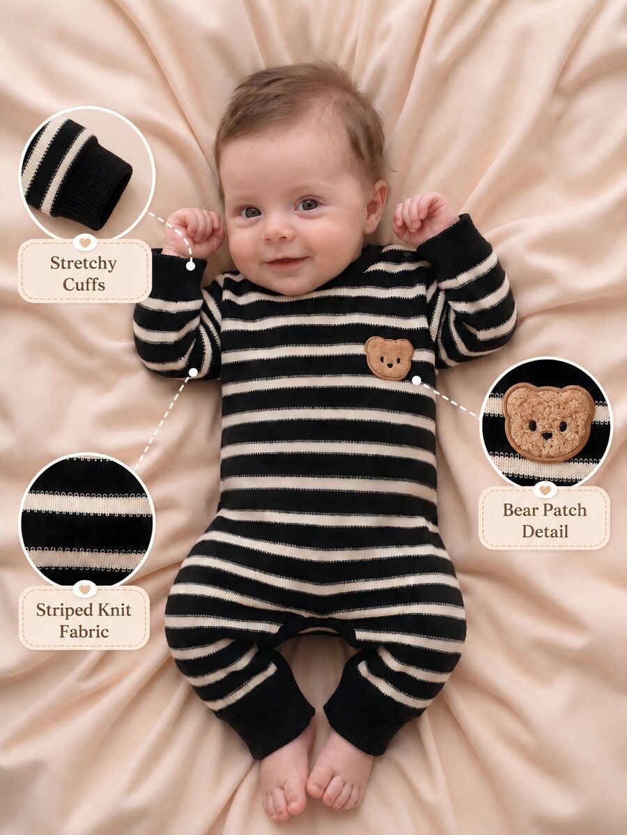 SHEIN 1pc Newborn Baby Ribbed Knit Romper, Long Sleeve Crewneck Jumpsuit With Cartoon Bear Patch Detail, Soft Autumn Winter Black And White Striped