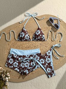SHEIN Swim Women's 26SS Spring/Summer New Dual-Color Print V-Neck Backless Triangle Top Tie-Side Bikini Bottoms & Hipster Bottoms 3 Pieces Set Sweet Beach Vacation Swimwear - Blue - View 6