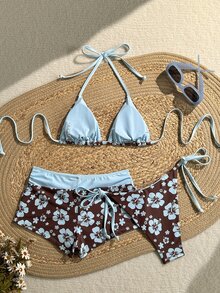 SHEIN Swim Women's 26SS Spring/Summer New Dual-Color Print V-Neck Backless Triangle Top Tie-Side Bikini Bottoms & Hipster Bottoms 3 Pieces Set Sweet Beach Vacation Swimwear - Blue - View 7