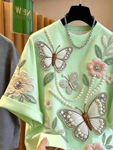 Franclia [Printed Design] Plus Size Women's Versatile Butterfly & Flower Print Round Neck Short Sleeve T-Shirt - Green - View 3