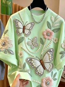 Franclia [Printed Design] Plus Size Women's Versatile Butterfly & Flower Print Round Neck Short Sleeve T-Shirt - Green - View 4