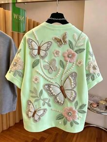 Franclia [Printed Design] Plus Size Women's Versatile Butterfly & Flower Print Round Neck Short Sleeve T-Shirt - Green - View 6