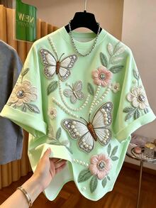 Franclia [Printed Design] Plus Size Women's Versatile Butterfly & Flower Print Round Neck Short Sleeve T-Shirt - Green - View 7