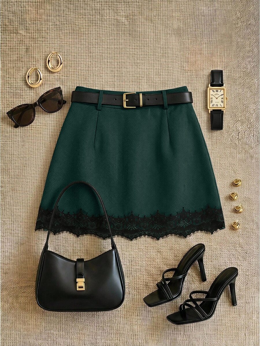 Grovea Women's Plus Size Lace Skirt, Simple Casual Professional Commute Suit Skirt With Trim, Office Party Dark Green Autumn - Dark Green - View 1