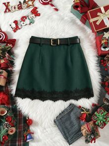 Grovea Women's Plus Size Lace Skirt, Simple Casual Professional Commute Suit Skirt With Trim, Office Party Dark Green Autumn - Dark Green - View 8