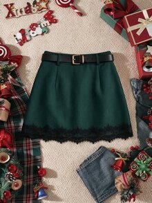 Grovea Women's Plus Size Lace Skirt, Simple Casual Professional Commute Suit Skirt With Trim, Office Party Dark Green Autumn - Dark Green - View 7
