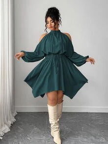 Elenzga 大尺碼女款優雅青色秋季洋裝，掛脖燈籠長袖抓皺彈性腰圍不對稱下擺蝴蝶結休閒約會時尚風 - 墨綠色 - 查看 4