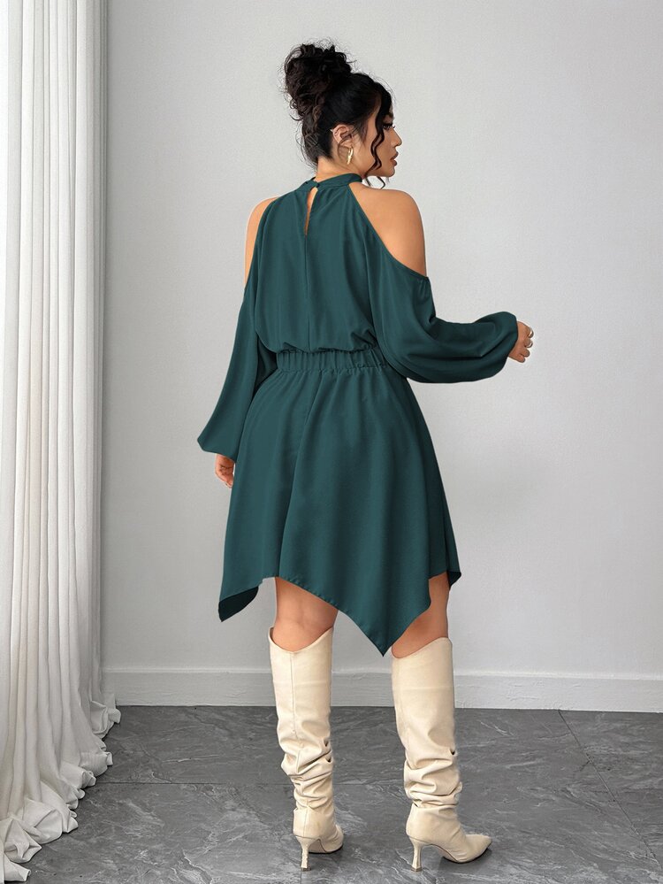 Elenzga Plus Size Women's Elegant Teal Autumn Dress, Halterneck Lantern Long Sleeve Ruched Elastic Waist Asymmetric Hem Bow Tie Casual Date Night Chic - Dark Green - View 2