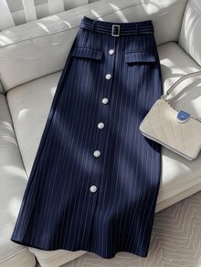 GlowEve CURVE 大码女装新款优雅百搭休闲通勤简约条纹A字裙，春夏款 - 藏蓝色 - 查看 3