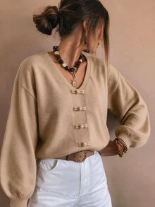 Balvessa 女款復古青蛙鈕扣針織毛衣 優雅燈籠袖休閒套頭衫 2026秋冬服飾 田園正式早午餐新年款 淺褐色 - 駝色 - 查看 7