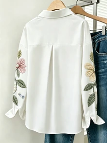 Franclia [Printed Design] Women's Long Sleeve Floral & Butterfly Pattern Casual Button-Front Versatile Blouse - Multicolor - View 6