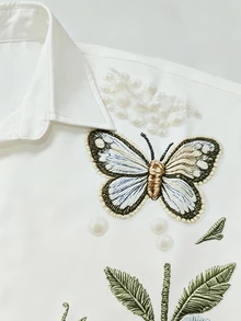 Franclia [Printed Design] Women's Long Sleeve Floral & Butterfly Pattern Casual Button-Front Versatile Blouse - Multicolor - View 3