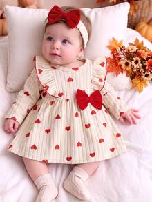 SHEIN 0-9 Months Baby Girl Dress | Apricot Heart Print Cute Birthday Style | Spring/Autumn Wearable Set, Soft Round Neck - Multicolor - View 2