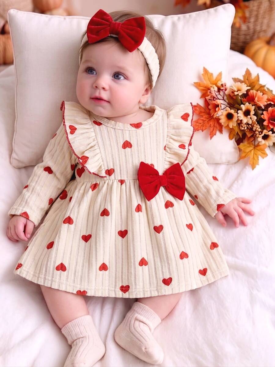 SHEIN 0-9 Months Baby Girl Dress | Apricot Heart Print Cute Birthday Style | Spring/Autumn Wearable Set, Soft Round Neck