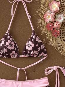 SHEIN Swim Women's 26SS Spring/Summer New Dual-Color Print V-Neck Backless Triangle Bikini Set With Tie Strings, Cute Beach Holiday Swimwear 3-Piece Set - Multicolor - View 9