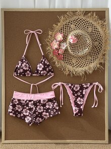 SHEIN Swim Women's 26SS Spring/Summer New Dual-Color Print V-Neck Backless Triangle Bikini Set With Tie Strings, Cute Beach Holiday Swimwear 3-Piece Set - Multicolor - View 7