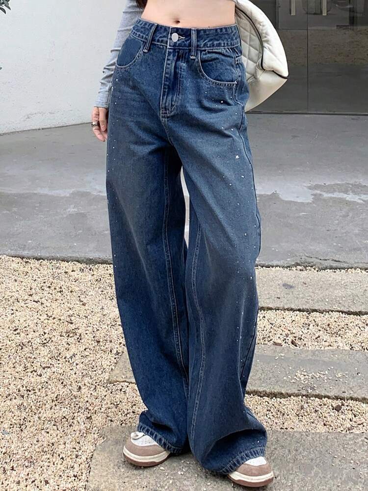 DAZY Women's Simple & Fashionable Wide Leg Jeans Pants, Suitable For Summer Sequin Cute Tops - Dark Wash - View 3