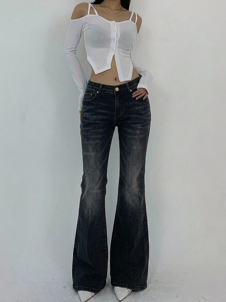 DAZY Casual tvättade lågmidjade utsvängda jeans för kvinnor Y2K höst - Svart - Visa 3