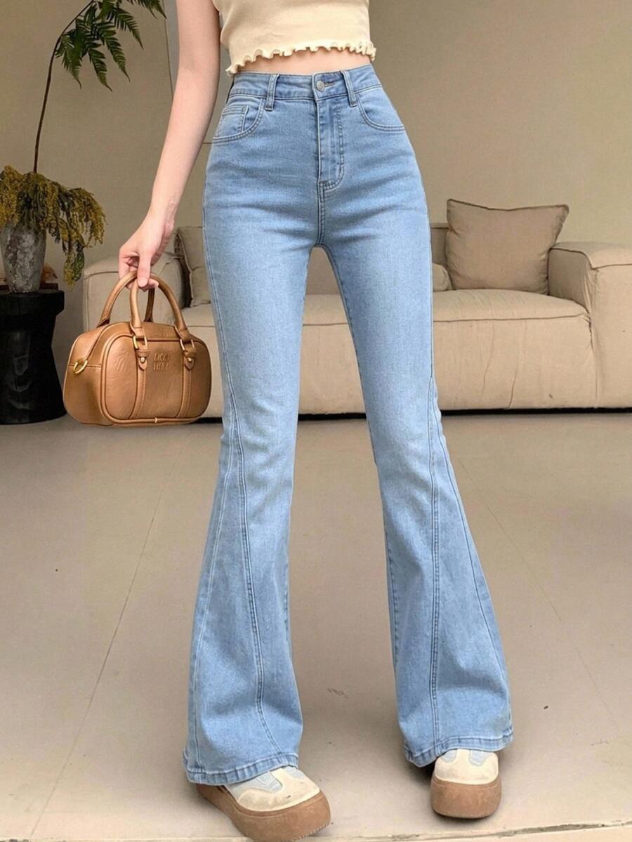 DAZY Women's Pocket Button Casual Versatile Daily Wear Flared Jeans Y2k - Medium Wash - View 1