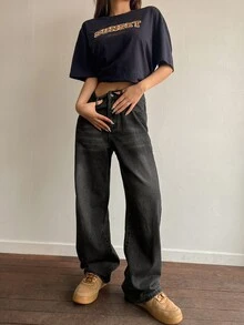 DAZY Women Vintage Loose Wide Leg Jeans With Pockets And Long Length, Washed Blue,Baggy Jeans,Fall Clothes - Dark Grey - View 4