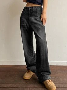 DAZY Women Vintage Loose Wide Leg Jeans With Pockets And Long Length, Washed Blue,Baggy Jeans,Fall Clothes - Dark Grey - View 3