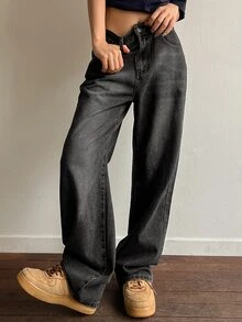 DAZY Women Vintage Loose Wide Leg Jeans With Pockets And Long Length, Washed Blue,Baggy Jeans,Fall Clothes - Dark Grey - View 1