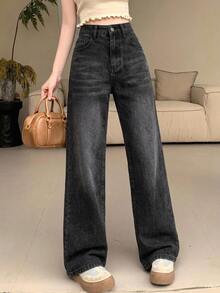DAZY Women Vintage Loose Wide Leg Jeans With Pockets And Long Length, Washed Blue,Baggy Jeans,Fall Clothes - Dark Grey - View 5