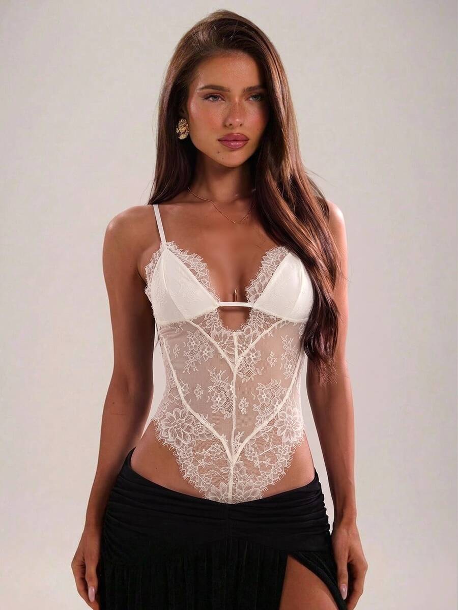 SHEIN BAE Women's Black Lace-Trimmed Sexy And Versatile See-Through Bodysuit, Perfect For Summer Vacations, - Apricot - View 1