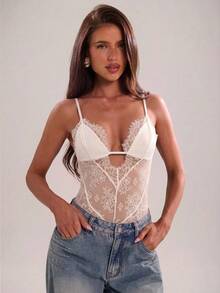 SHEIN BAE Women's Black Lace-Trimmed Sexy And Versatile See-Through Bodysuit, Perfect For Summer Vacations, - Apricot - View 4