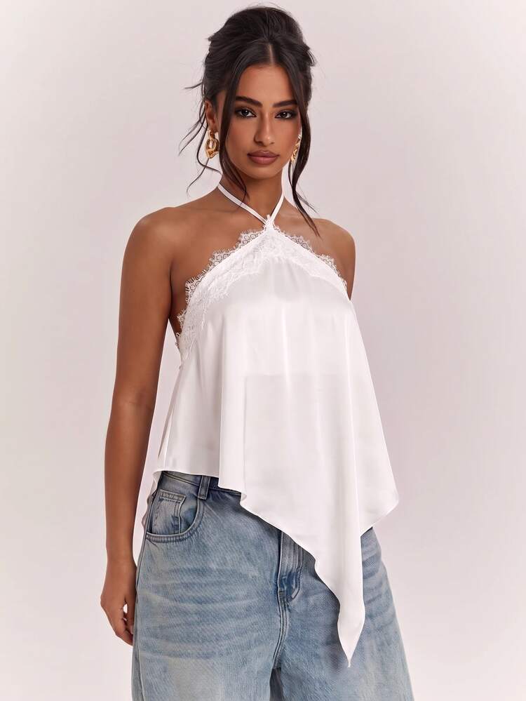 SHEIN BAE فستان نسائي كاجوال للعطلات برقبة هالتر وتفاصيل دانتيل مرقعة وظهر مكشوف وحافة غير متماثلة باللون البني السادة من الساتان - أبيض - مشاهدة 3