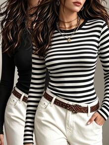 SHEIN EZwear Women's 2 Pack Black And White Striped Off-White Ribbed Knit Crew Neck Long Sleeve Slim Fit Tee Everyday Night Out Fall Casual - Multicolor - View 1