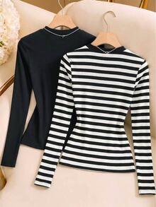 SHEIN EZwear Women's 2 Pack Black And White Striped Off-White Ribbed Knit Crew Neck Long Sleeve Slim Fit Tee Everyday Night Out Fall Casual - Multicolor - View 2