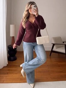 Vionelle Fall/ Plus Size Twisted Front Deep V-Neck Long Sleeve Ribbed Knit Sweater Party Dinner Formal Evening Dark Green Elegant Winter - Burgundy - View 3
