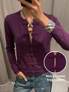 Maija Women's Solid Color Long Sleeve Casual Retro Elegant Frog Button Front Cardigan Everyday Deep Purple Autumn - Purple - View 3