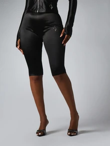 BABYPHAT Satin Biker Shorts High Waist Fitted Knee Length Stretch Shorts With Cat Charm Detail - Black - View 2