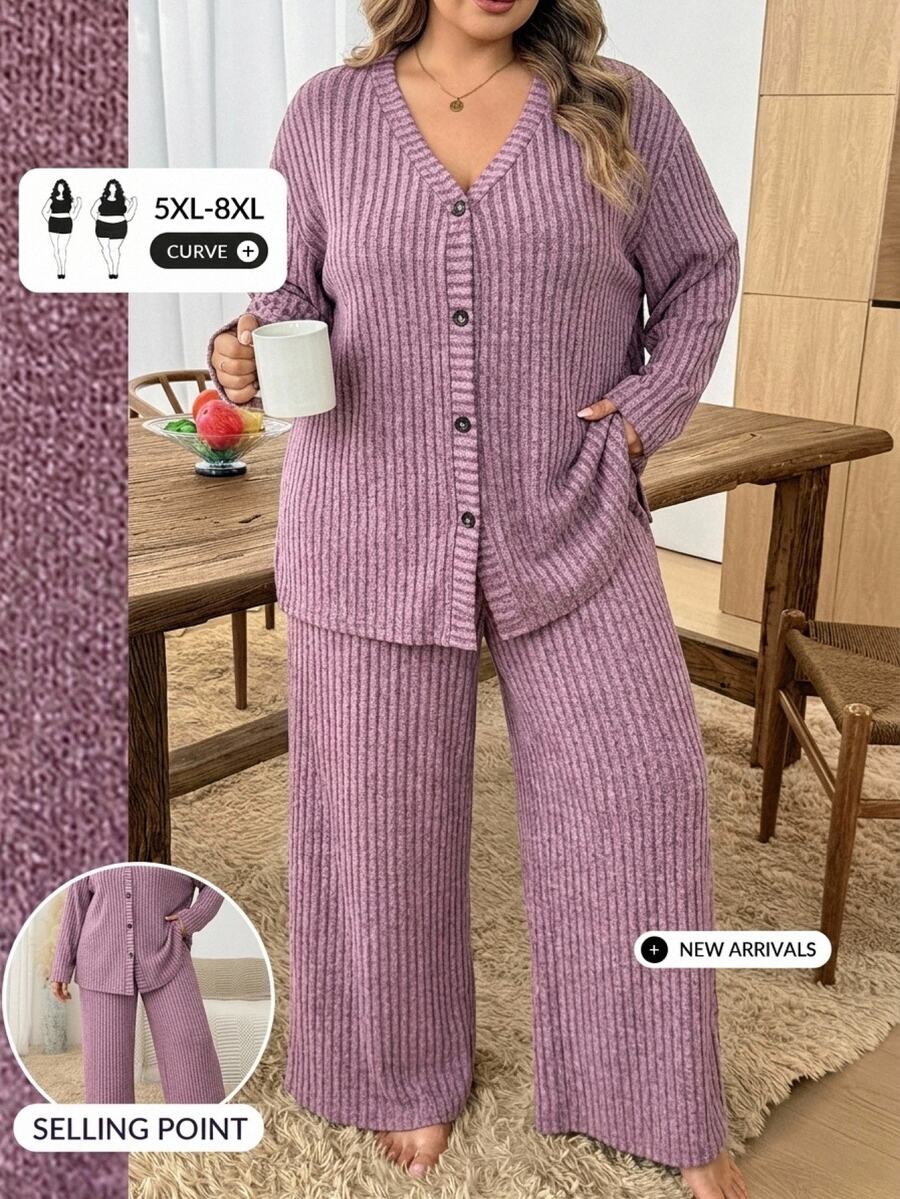 SHEIN CURVE+ Plus Drop Shoulder Button Front Coat & Wide Leg Pants Set ...
