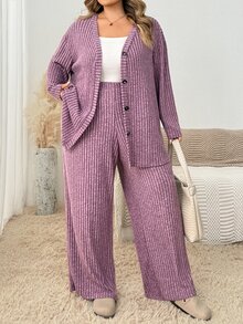 SHEIN CURVE+ Plus Drop Shoulder Button Front Coat Wide Leg Pants Set Fall Lounge Homewear Formal Purple Casual Elegant Home - Mauve Purple - View 7