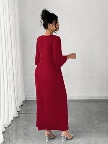 Elenzga 正面扭纹不对称下摆连衣裙 - 酒紅色 - 查看 2