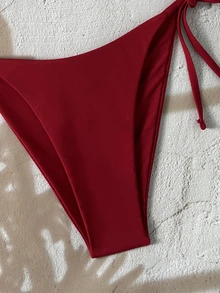 SHEIN Swim Solid Color Triangle Cup Halter Bikini Set With Tie Low Waist Swim Bottoms, Slimming Backless Two-Piece Swimwear For Beach, Vacation, Hot Spring, Photography And Swimming, Women - Red Violet - View 7