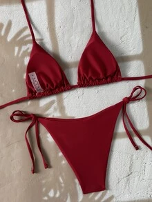 SHEIN Swim Solid Color Triangle Cup Halter Bikini Set With Tie Low Waist Swim Bottoms, Slimming Backless Two-Piece Swimwear For Beach, Vacation, Hot Spring, Photography And Swimming, Women - Red Violet - View 2