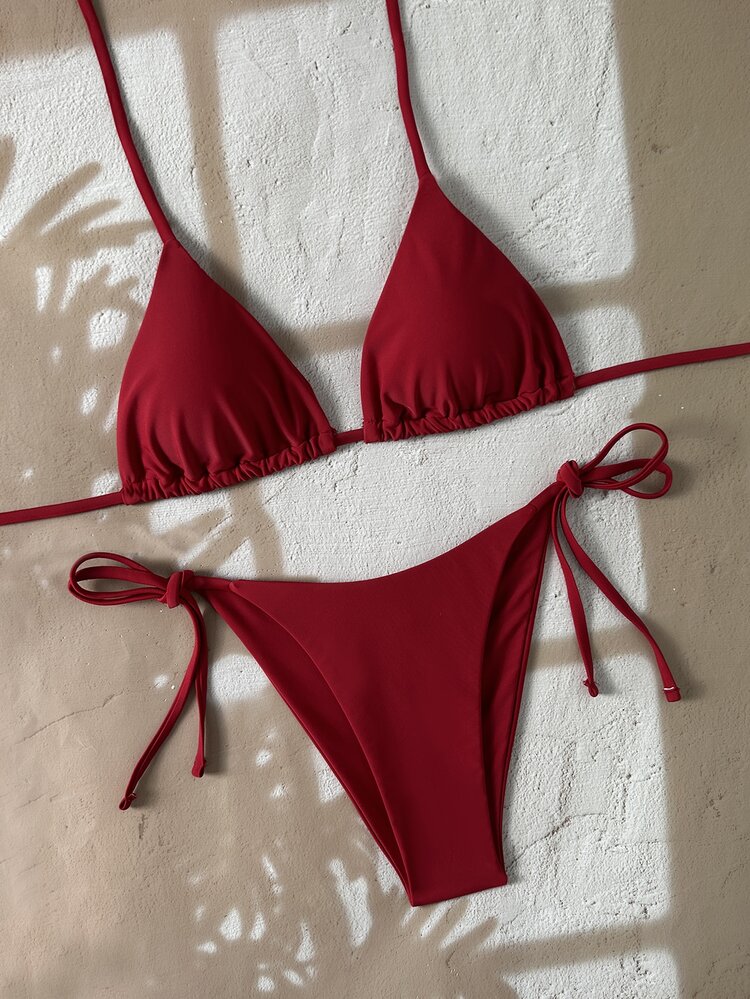SHEIN Swim Solid Color Triangle Cup Halter Bikini Set With Tie Low Waist Swim Bottoms, Slimming Backless Two-Piece Swimwear For Beach, Vacation, Hot Spring, Photography And Swimming, Women - Red Violet - View 6