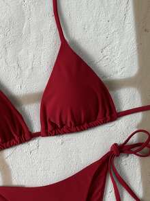 SHEIN Swim Solid Color Triangle Cup Halter Bikini Set With Tie Low Waist Swim Bottoms, Slimming Backless Two-Piece Swimwear For Beach, Vacation, Hot Spring, Photography And Swimming, Women - Red Violet - View 9