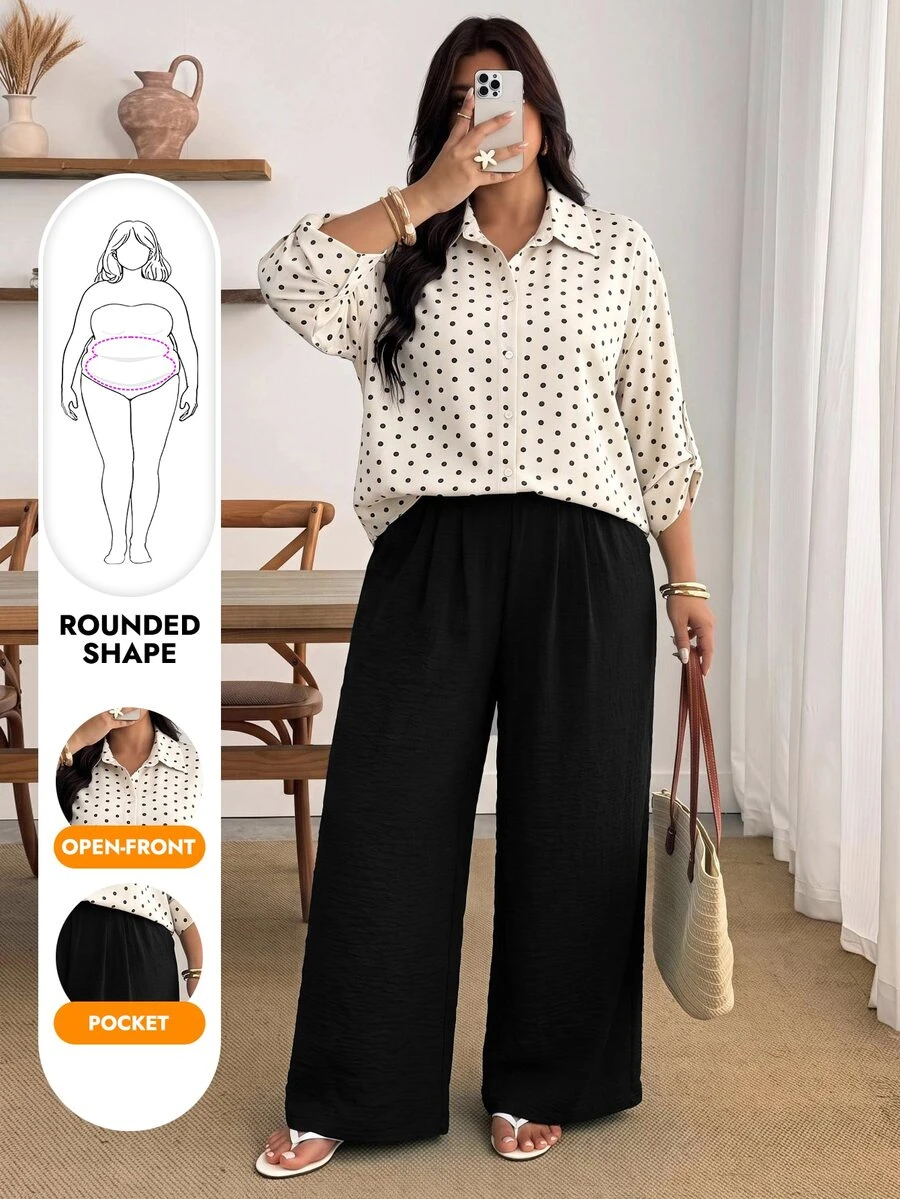 Enliva Plus Size Women's Polka Dot Shirt And Black Trousers Two Pieces SetApple,Rounded Body Fall Piece Set Woman Winter Fall - Multicolor - View 1