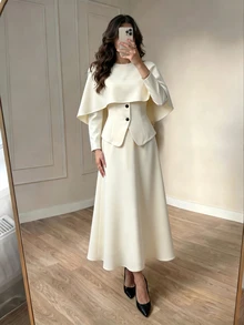 Modelyn Women's Beige Apricot Round Neck Detachable Shawl 2-In-1 Long Sleeve Front Black Button Design Waist-Cinching Skirt Set For Vacation And Party - Apricot - View 5