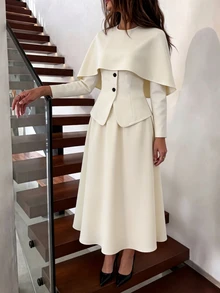 Modelyn Women's Beige Apricot Round Neck Detachable Shawl 2-In-1 Long Sleeve Front Black Button Design Waist-Cinching Skirt Set For Vacation And Party - Apricot - View 4