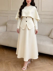 Modelyn Women's Beige Apricot Round Neck Detachable Shawl 2-In-1 Long Sleeve Front Black Button Design Waist-Cinching Skirt Set For Vacation And Party - Apricot - View 8
