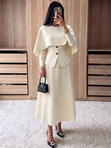 Modelyn Women's Beige Apricot Round Neck Detachable Shawl 2-In-1 Long Sleeve Front Black Button Design Waist-Cinching Skirt Set For Vacation And Party - Apricot - View 9