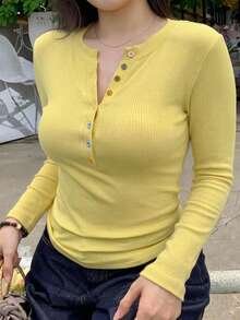 Dazy Plus Cream Yellow Rainbow Colorful Button Decor Slim Fit Long Sleeve Spring Summer Autumn New Sexy T-Shirt - Yellow - View 2